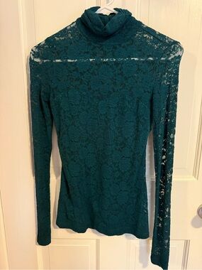 PattyBoutik Teal Lace Long-Sleeve Turtleneck Top